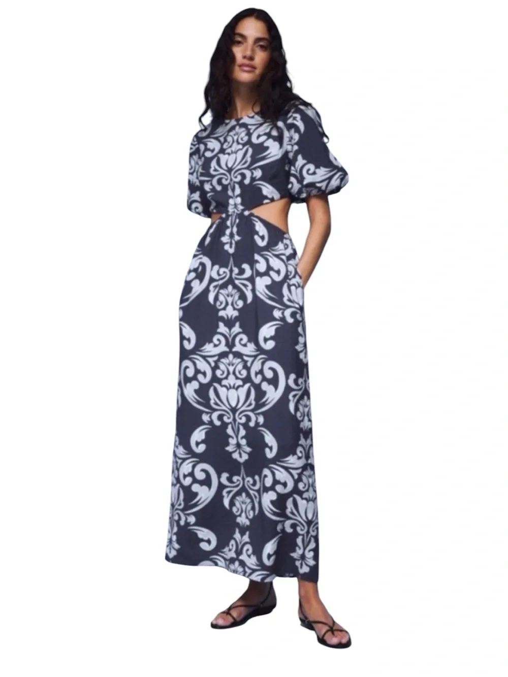 Abercrombie - Short Sleeve Cutout Maxi Dress Navy Blue White Size M